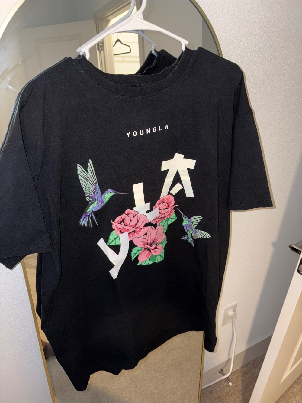 YoungLA Black Tee with Pink Floral and Hummingbird Graphic